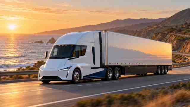 White tractor and trailer on a coastal highway